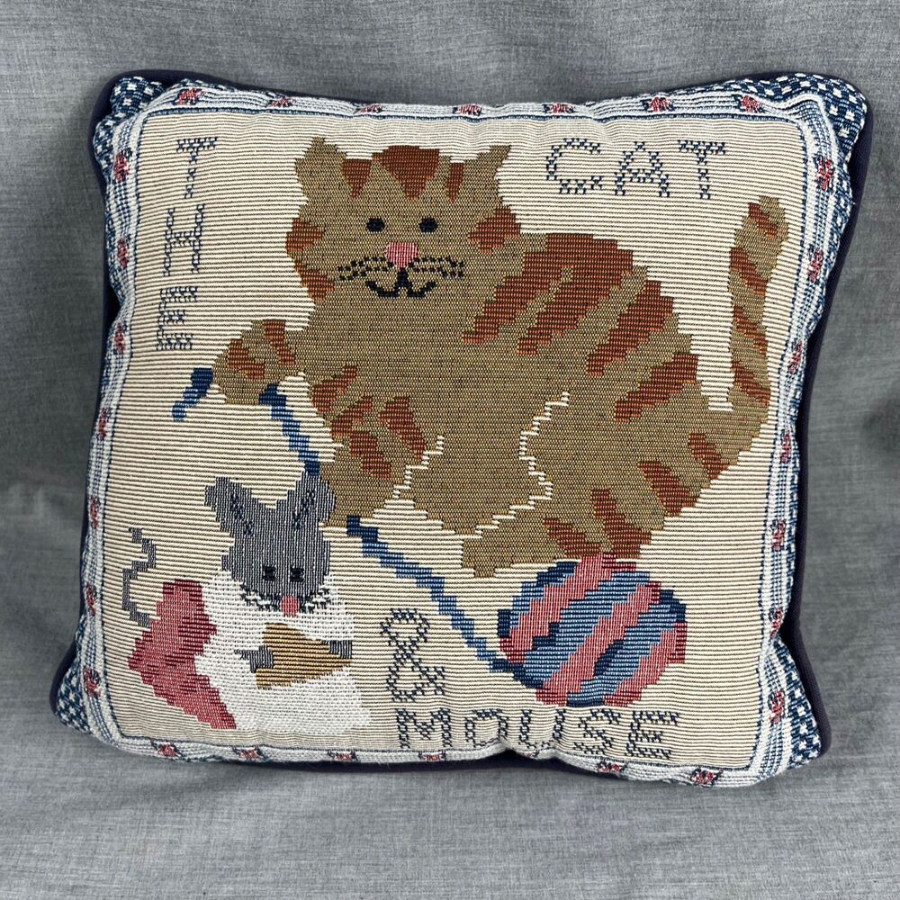 Tapestry Pillow Cat & Mouse 11.5" x 11.5" Square Navy Yarn Cheese Flower Boarder